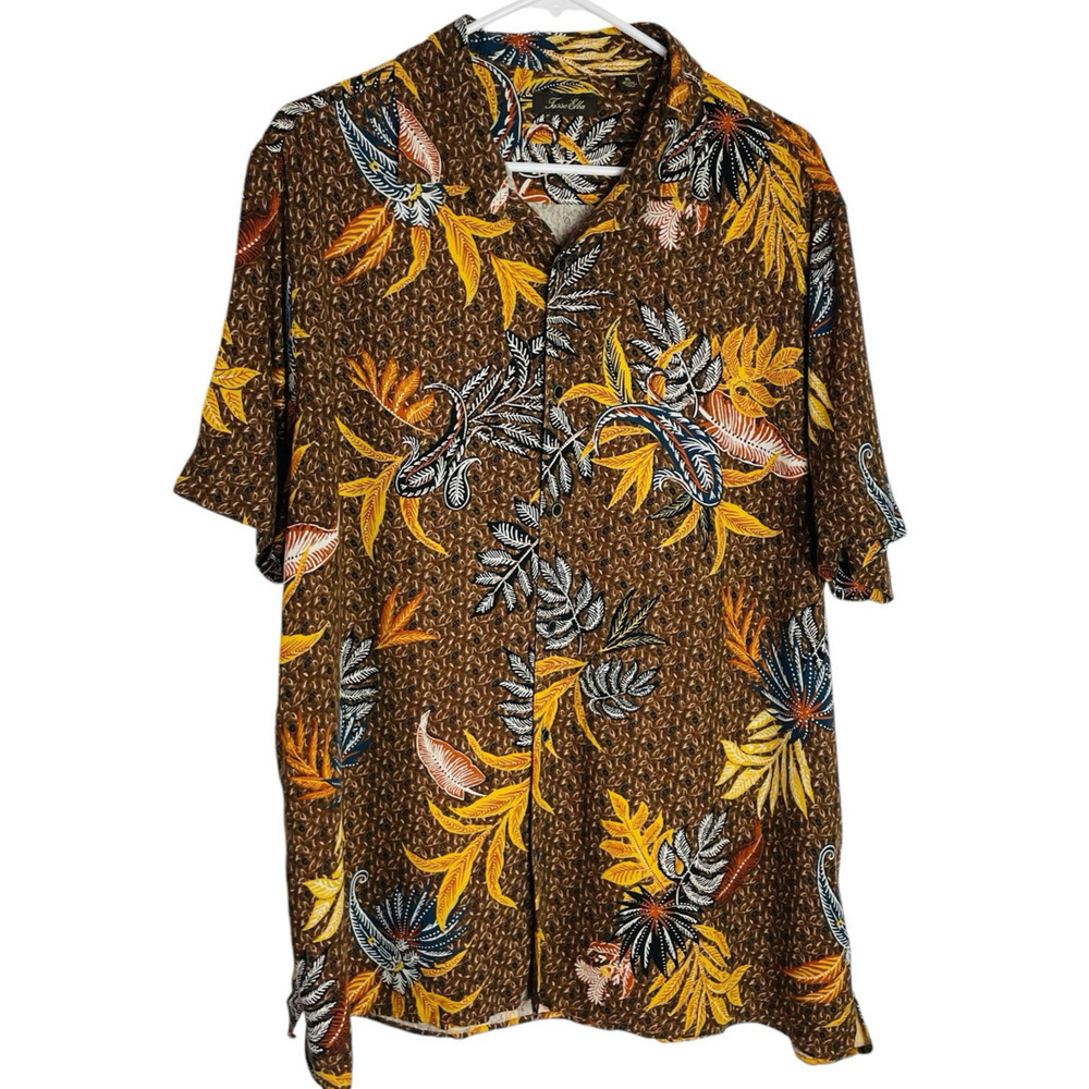Tasso Elba‎ Silk Blend Shirt Mens XL Brown Tropical Leaf Short Sleeve Button Up